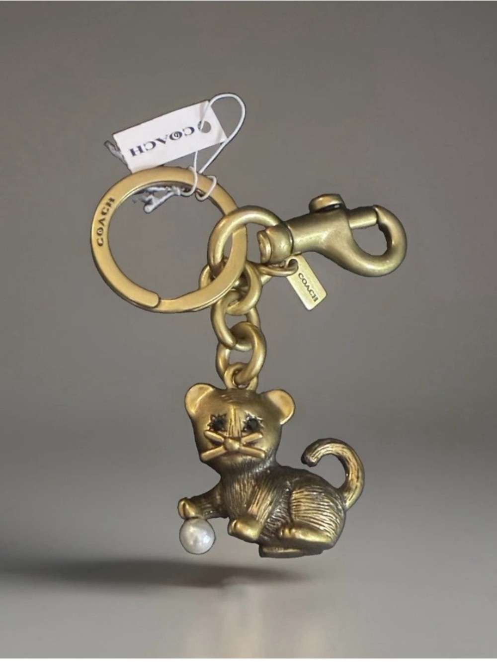 Coach Gold-Tone Cat Keychain Charm with Pearl Accent CC569 LTD